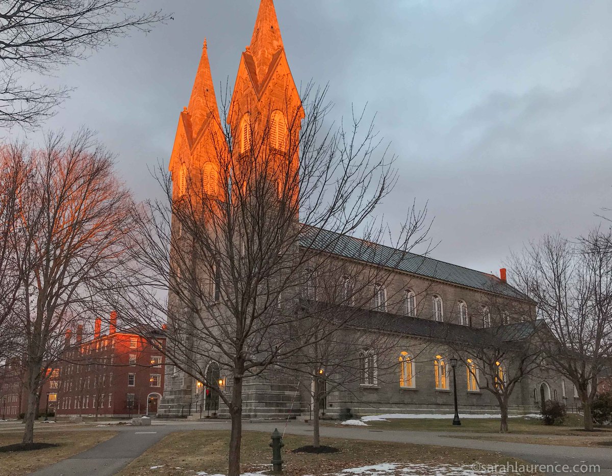 SarahWLaurence's tweet image. A glorious sunset @BowdoinCollege chapel: