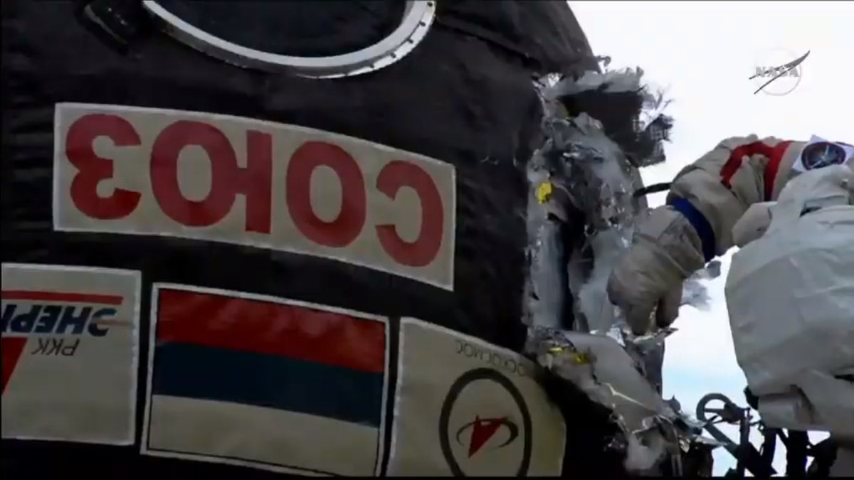 ApolloSoyuzSara's tweet photo. Today’s #Spacewalk is making me more than a little nervous. Falling debris, sharp knife, cumbersome shears and cut edges to avoid. Stay safe guys. @Roscosmos #NASA https://t.co/4xYUF3EfVq