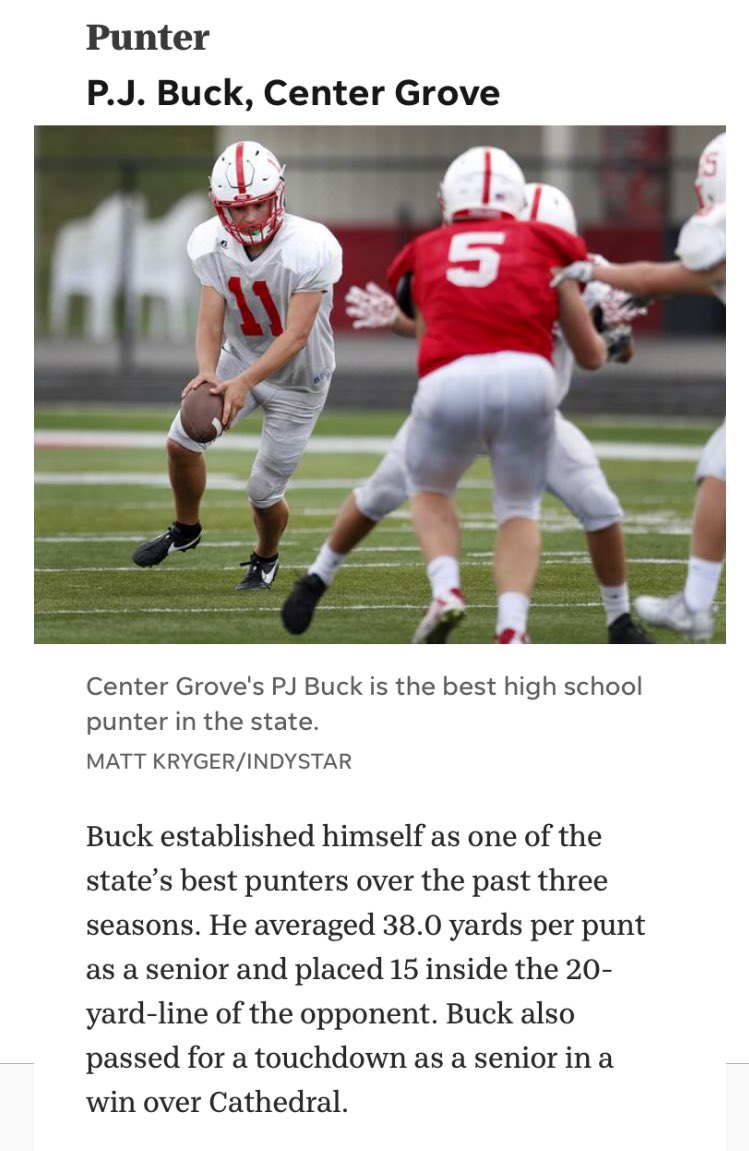 CGSportsNetwork's tweet image. CG’s P.J. Buck named 2018 IndyStar Mr. Football for the “Punter” position.