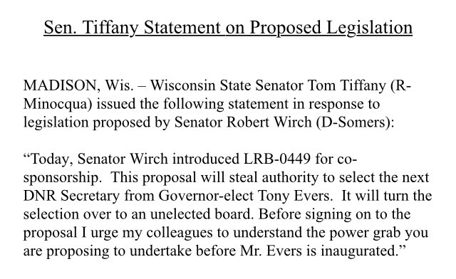 Sen. Tom Tiffany says a bill to have the DNR secretary picked by a board instead of Gov.-elect Tony Evers is like the #WIPowerGrab.