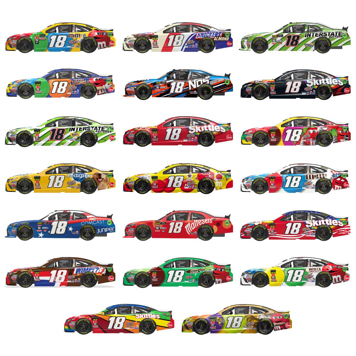 All 20 schemes Kyle Busch ran in 2018 : r/NASCAR