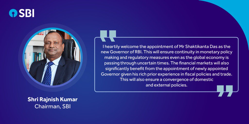 SBI Chairman Shri Rajnish Kumar welcomes the appointment of Shri Shaktikanta Das as the new Governor of <a href="/RBI/">ReserveBankOfIndia</a>.

<a href="/rkumar1958/">Rajnish Kumar</a>