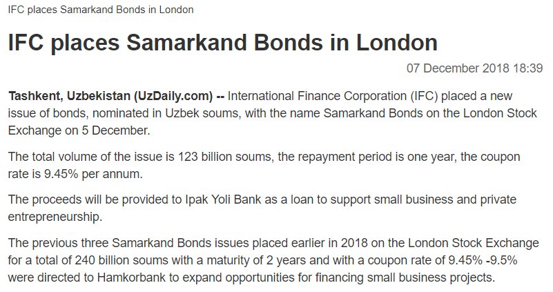 IFC issued a new Samarkand bond in Uzbek Soum, listed on London Stock Exchange, to help Ipak Yoli Bank support small business &amp; entrepreneurship in #Uzbekistan. Local currency financing is vital to focus on growing business instead of FX volatilities  uzdaily.com/articles-id-46… …
