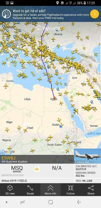 The route of the Sudanese presidential Jet coming back from Minsk,Belarus after Three day's visit military deals discussed , Belarus is the back door county for all the sudan army deal with Moscow due to the Arms sanctoin on sudan