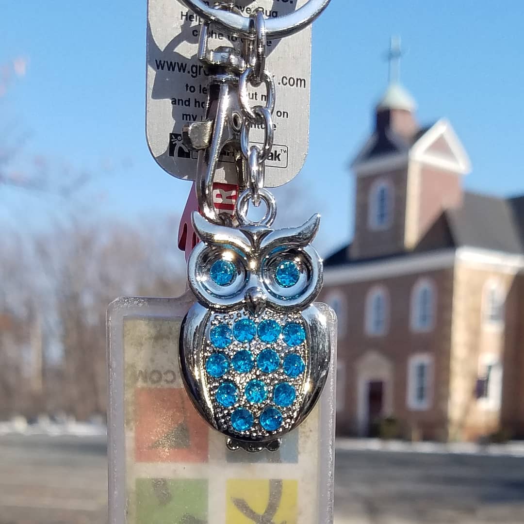 ForwardOnPlants's tweet photo. So #trackabletuesday is a thing(?) Here's one I picked up yesterday. It's goal is for finders to swap out the keychain it rides on for another. I didn't swap but added a cute bejeweled owl and dropped it in a cache. 16 more points to get my souvenir! #Geocaching https://t.co/0gX4SNCgrX