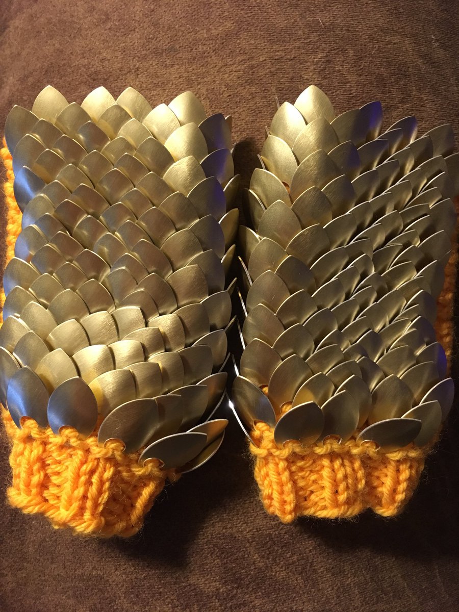 Gauntlets made for a six year old. #knitting #dragonscales #shiny
