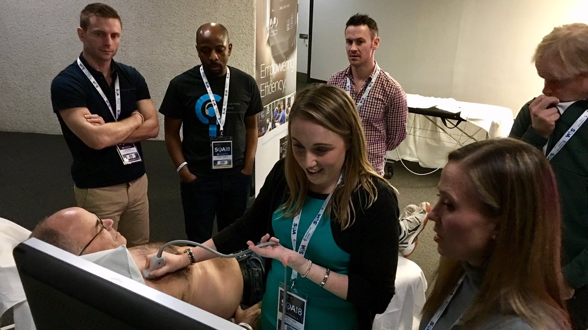 Truly multi-professional here at <a href="/ICS_updates/">Intensive Care Society 💙</a>. Clinical scientist <a href="/StefanieCurry18/">Stefanie Curry</a> teaching Physiotherapist <a href="/KathAtkin1/">Katherine Atkin</a> how to perform LUS on ACCP <a href="/ccpractitioner/">The Critical Care Practitioner</a> while ICU Drs <a href="/icmteaching/">Ashley Miller</a> <a href="/iceman_ex/">Segun Olusanya (He/Him) iceman_ex@critcare.social</a> &amp; <a href="/Wilkinsonjonny/">Jonny Wilkinson</a> watch on. 
#ICSSOA2018 @CUSICUK