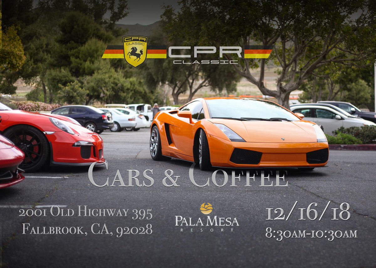 CPR_Classic's tweet photo. Hello to all of our fellow enthusiasts! Come join us this Sunday, December 16th, from 8:30-10:30am at Pala Mesa Resort and bring out your classic, sports, exotic, or unique car and enjoy some great cars & coffee!
.
.
#cprclassic #carsandcoffee #Lamborghini #Porsche https://t.co/KvDXESygkN