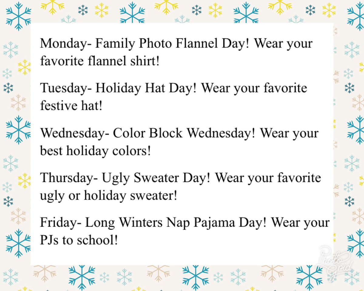 Let’s get ready to celebrate the final week before winter break w/ some spirit week activities. Check out the image for what’s in store for each day, starting 12/17. <a href="/DianeRichmond15/">Diane Richmond</a> <a href="/melissa_markle/">Melissa Markle</a> <a href="/MrKDunn/">Kevin Dunn</a> <a href="/MsStilling/">Ms. Stilling</a> <a href="/mrsauffarth/">Mrs Auffarth</a> <a href="/MrManzoBCPS/">Matthew Manzo</a> <a href="/MrsALinton/">Angela Linton</a> <a href="/pcockey/">Mrs Cockey</a> @PGE_art