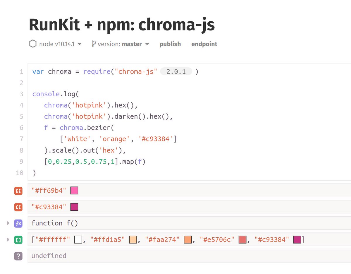 Woa, <a href="/runkitdev/">RunKit</a> is pretty sweet for just testing out JS libs like chroma.js in the browser... runkit.com/gka/5c10559520…