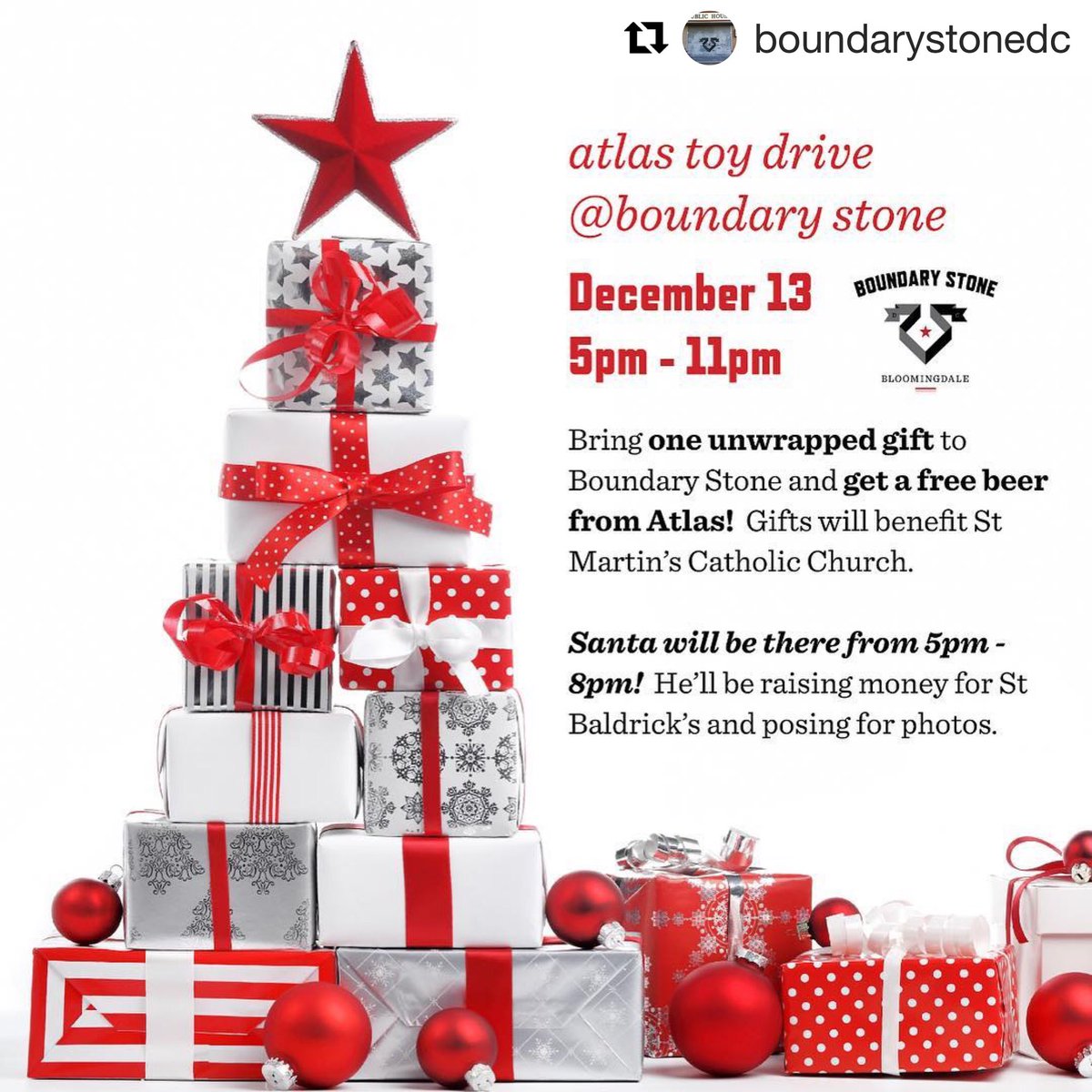 AtlasBrewWorks's tweet photo. Join us Thursday for our annual toy drive at @BoundaryStoneDC. Bring an unwrapped toy and get a 100% #solarpoweredbeer on the house! #drinklocal #bloomingdale #bloomingdaledc #northcapitoldc #northcapdc #iheartnorthcap #dcbeer #dcpubs #dcbars https://t.co/IobaGRQQMa https://t.co/wF3qOFJRKC