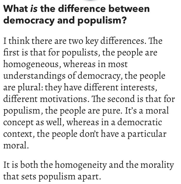  @CasMudde who is a poli sci professor emphasizes this homogeneity and morality when discussing the difference between populism and democracy /5  https://fivebooks.com/best-books/cas-mudde-populism/