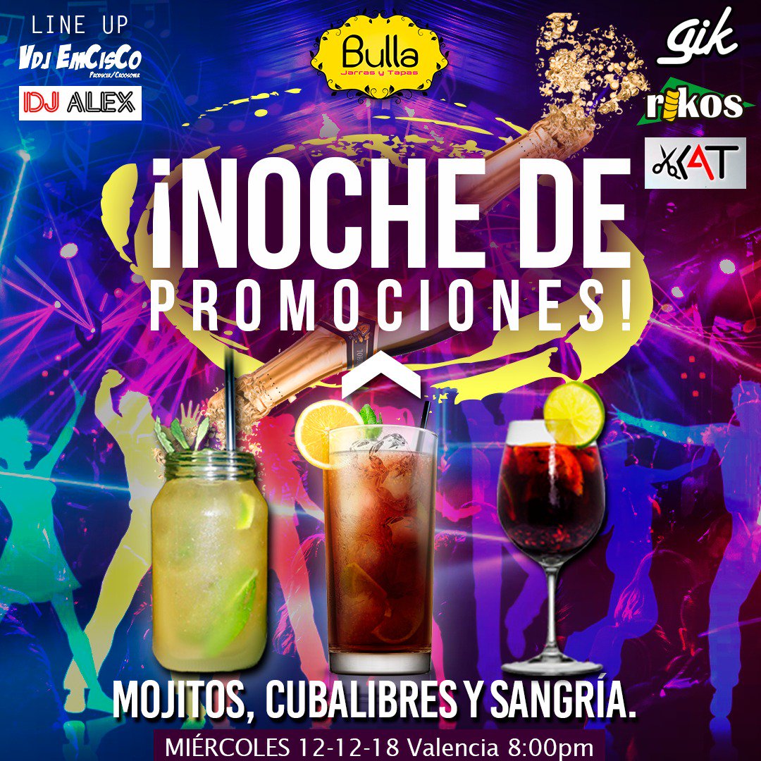 bullajarratapa's tweet photo. ¡Este miércoles no te pierdas de nuestras promociones en tus tragos favoritos! Acompañados por la mejor música. https://t.co/9G56M6IaJo