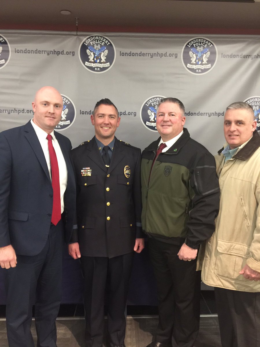 Trooper Steve Sloper of the #MajorCrimeUnit, Sergeant Steve Callinan of #TroopB and Retired Lieutenant of Troop B Paul Hunt with newly appointed Captain, Patrick Cheetham of @LondonderryNHPD during his pinning ceremony yesterday evening. Congratulations! 👏 #NHSP