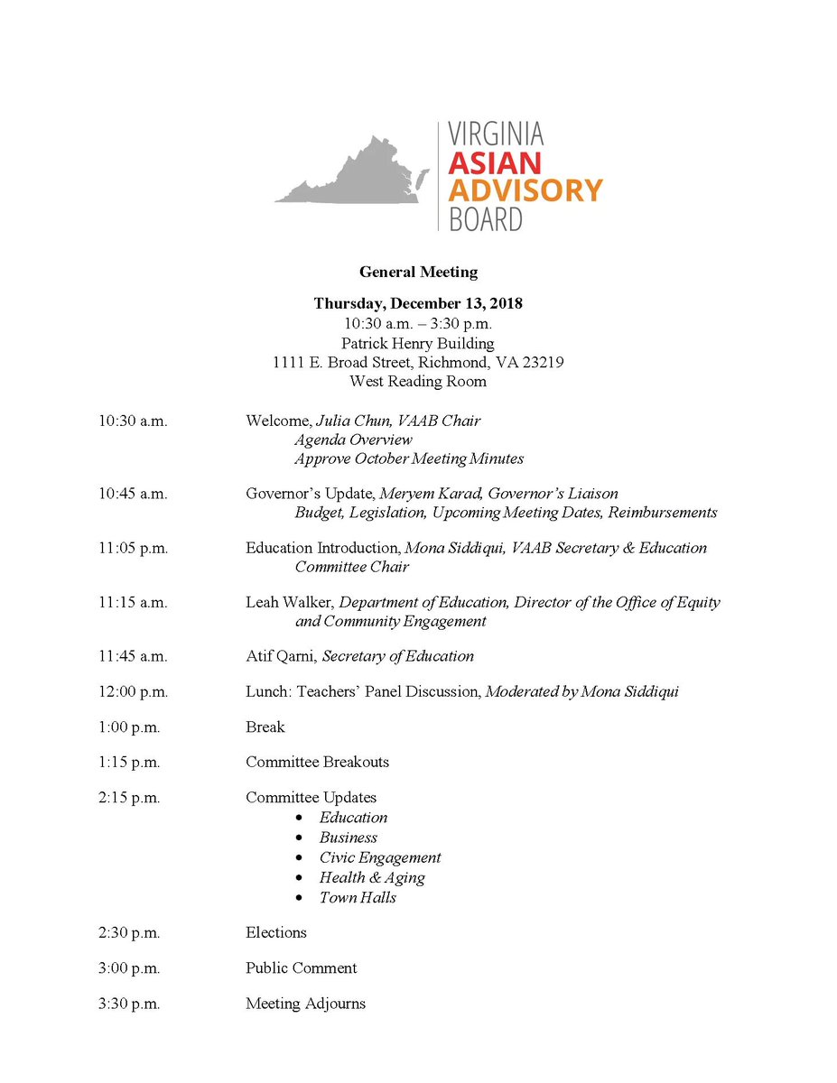 Open to the public. Board meeting covering a topic of special interest and importance to the Asian community - education. Special guest speakers include @VASecofEdu Atif Qarni. Join us for the last board meeting of 2018.