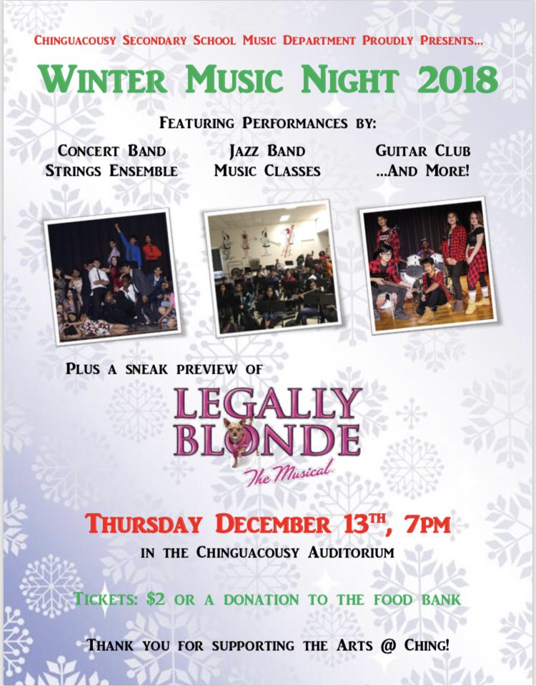 Don’t have plans for Thursday night yet?  Do we have a show for you!  Come check out the @chinguacousyss musicians at 7pm!  Tickets are only $2 or a donation to the food bank #pdsbmusic @PeelSchools