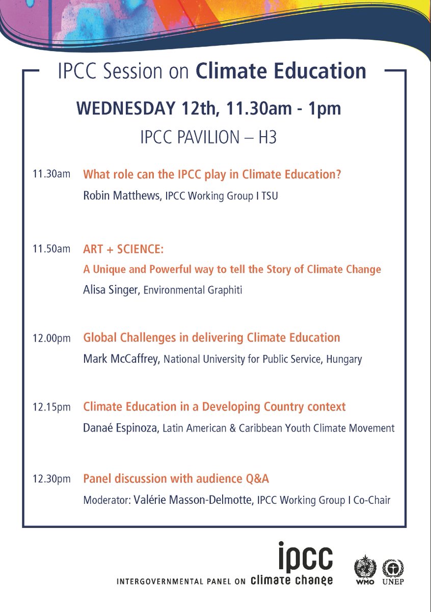 georobin's tweet image. This Morning at COP:
INTERESTED IN CLIMATE EDUCATION? 

Join us for the IPCC Session on CLIMATE EDUCATION

11:30am in the IPCC PAVILION (H3)
@IPCC_CH @COP24 #COP24