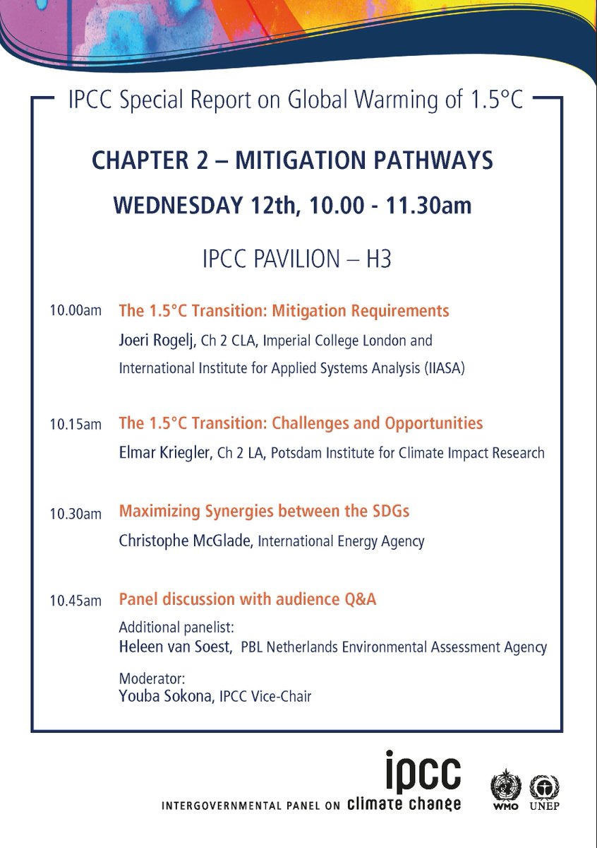 georobin's tweet image. UP NEXT at COP:
INTERESTED IN MITIGATION PATHWAYS &amp;amp; CARBON BUDGETS? 

Session on the IPCC Special Report on Global Warming of 1.5°C:
CHAPTER 2 - Mitigation Pathways

10am in the IPCC PAVILION (H3)
@IPCC_CH @COP24 #COP24