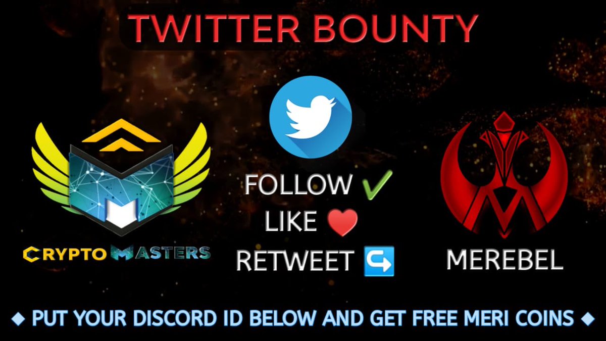 CRYPTO MASTERS and MEREBEL COIN Do Huge Giveaway 🎁

✔️Follow Crypto Masters <a href="/cryptomasters07/">Crypto master 07</a> 

✔️Follow MEREBEL COIN <a href="/cryptorebell/">CryptoRebell-KL</a> 

❤️ Like &amp; Retweet Comment your discord username

 ❤️ 3 MEREBEL coins per person 

Upload screenshot and address in CM  discord.gg/KRjdY2R