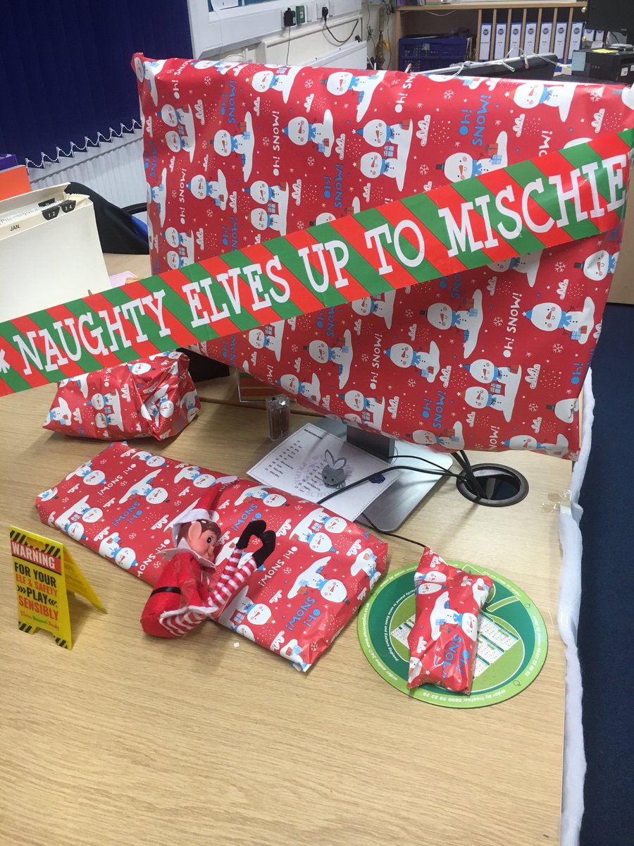 WHPrimary's tweet image. Oh dear Harry seems to have got in a tangle with the sellotape whilst wrapping up a computer, keyboard, mouse, paper block and the telephone in the office. @SWATrust @TownOfSudbury @elfontheshelf #wrappingup #elfontheshelf