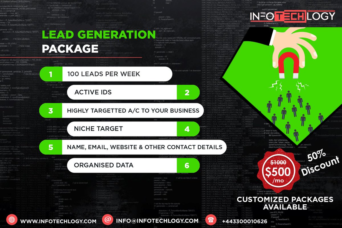 InfoTechLogy's tweet photo. InfoTechLogy Now Introduce
New Packages with 50% Discount
Lead Generation Package
Contact Us:
Website : https://t.co/EeBO4HSDb4
Email : info@infotechlogy.com
Call : +443300010626
#leadgeneration #leadmanagement #leadscoring #leadtimereduction #leadingmeetings #BusinessLeads https://t.co/mUjuo6YOtV