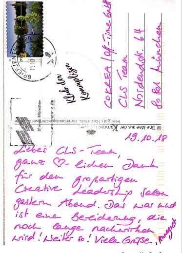 leadershipsalon's tweet photo. This wonderful postcard landed in the neighbour's mailbox and reached us yesterday with a considerable delay, but it made our day! Thank you @AnnegretJK! #CreativeLeadership #Salon #München https://t.co/K6nQlPXQKP