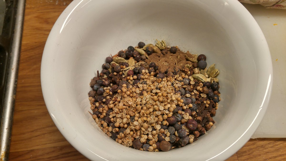 I also throw in some juniper berries, coriander, allspice, vanilla, and a tiny bit of almond extract. Time to make a big teabag out of cheesecloth.