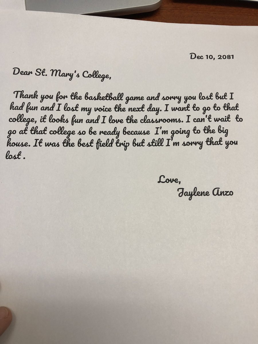 MsKoontzMDUSD's tweet photo. Love love love this letter to @stmarysca! Thank you @GordonMillerJr1 for working with students to write lovely letters! #collegebound #AVIDelem https://t.co/7r9QmgNCxR