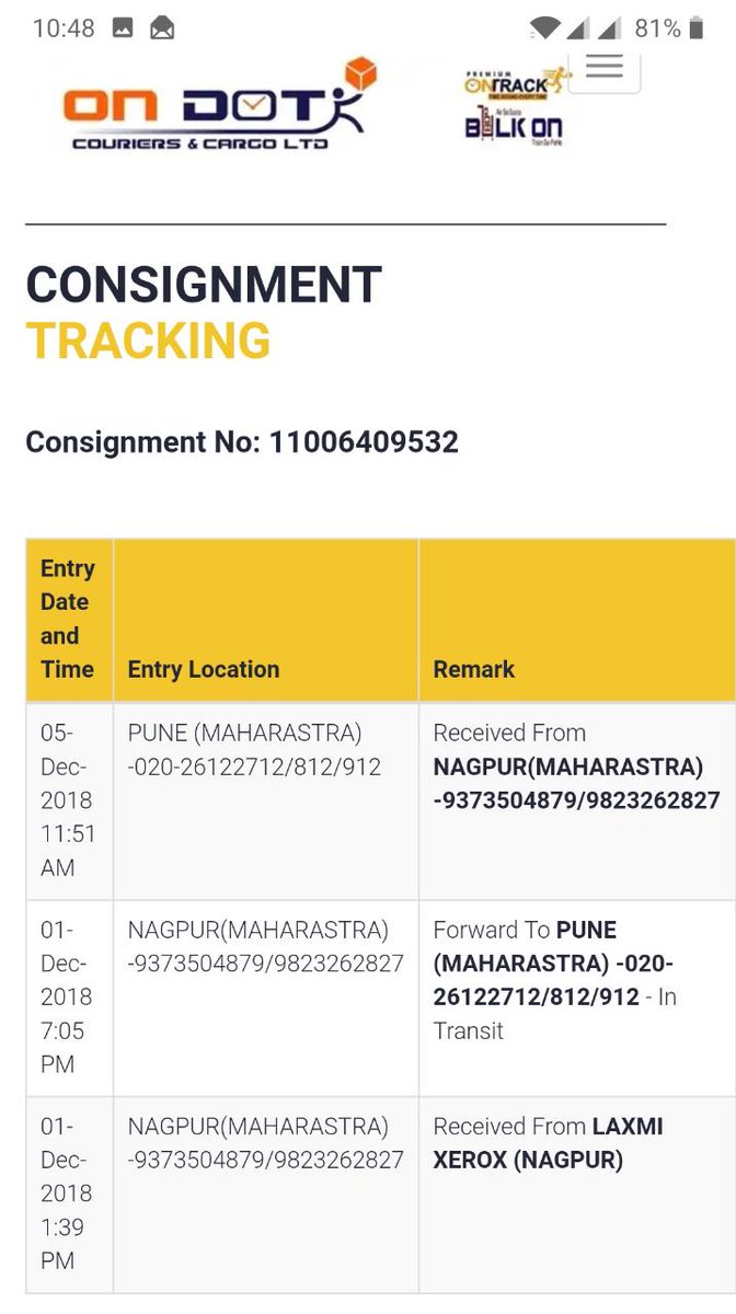 Monika47051614's tweet photo. #OnDot #WorstCourierService #courier : Worst service by 'On Dot' courier service. They don't receive call and don't reply back. Also very rude in talking. It's been 12 days courier sent but we have not received it yet. https://t.co/w1hBUVCsbx