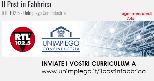ConfindustriaLe's tweet image. RT unimpiego: Tra pochi minuti una nuova puntata de #ilpostinfabbrica oggi ospite la #SeaVision di Pavia... ascoltate la diretta su rtl1025 
Confindustria unimpiego