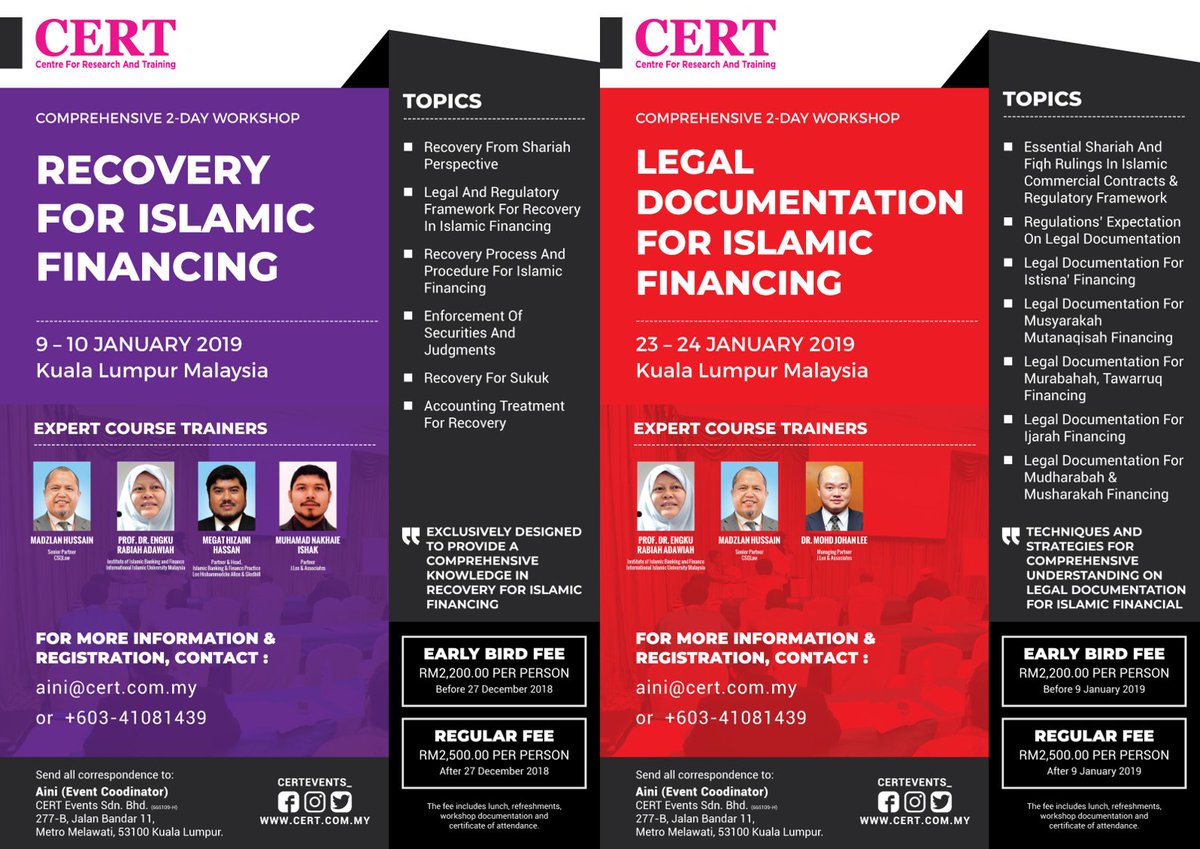 CertEvents_'s tweet photo. Compilation workshop for upcoming January 2019. Dont forget to register if interested to get early bird fee.
#workshop #islamicfinance #finance #banking #legal #sukuk #recovery #law #accountin #january #financing #banker #institution #malaysia #cert #certevents https://t.co/yExEtND3Yl