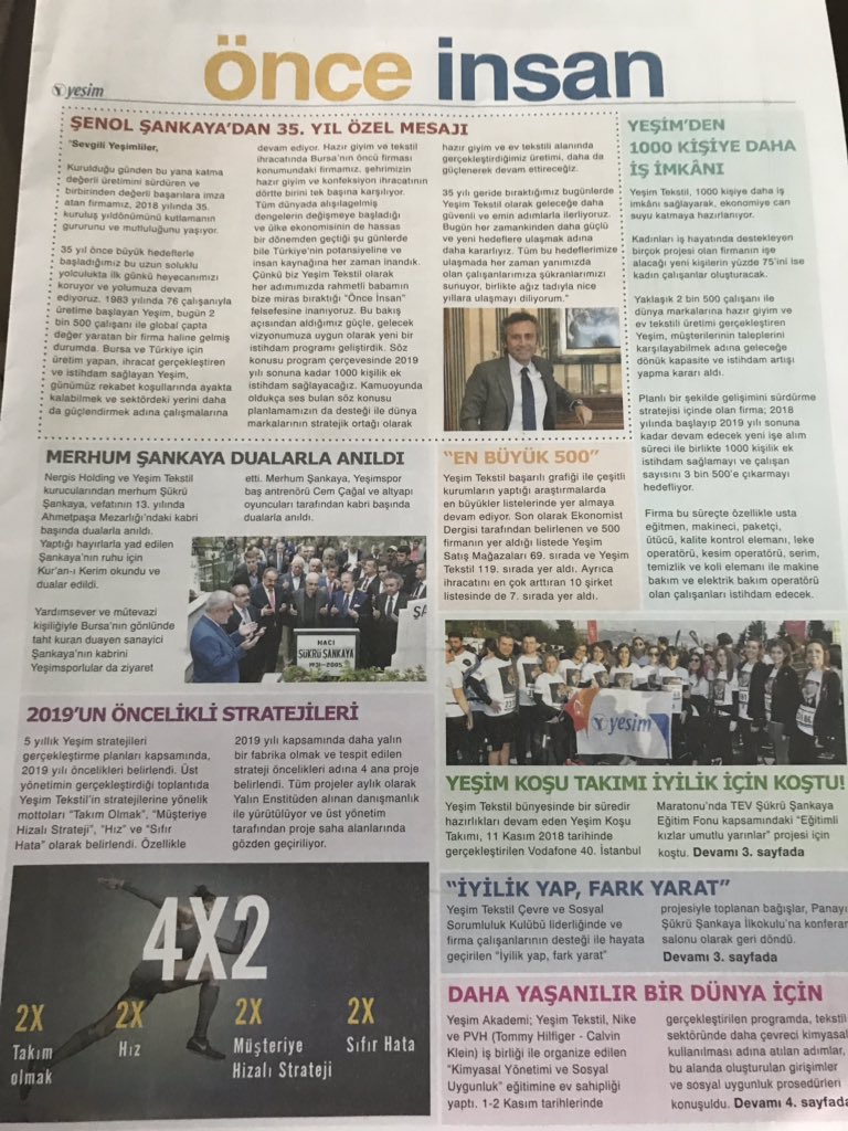Dün Bursa’da, çalışma arkadaşlarımla birlikte üretim tesislerini ziyaret ettiğimiz @YesimTekstil ‘de, çalışanların çocukları için kreş, sosyal ve sportif aktivitelerin yanında; “Önce İnsan” dergisi+gazetesi çıkarıldığını görmekten, çalışanlar adına ayrıca mutlu oldum