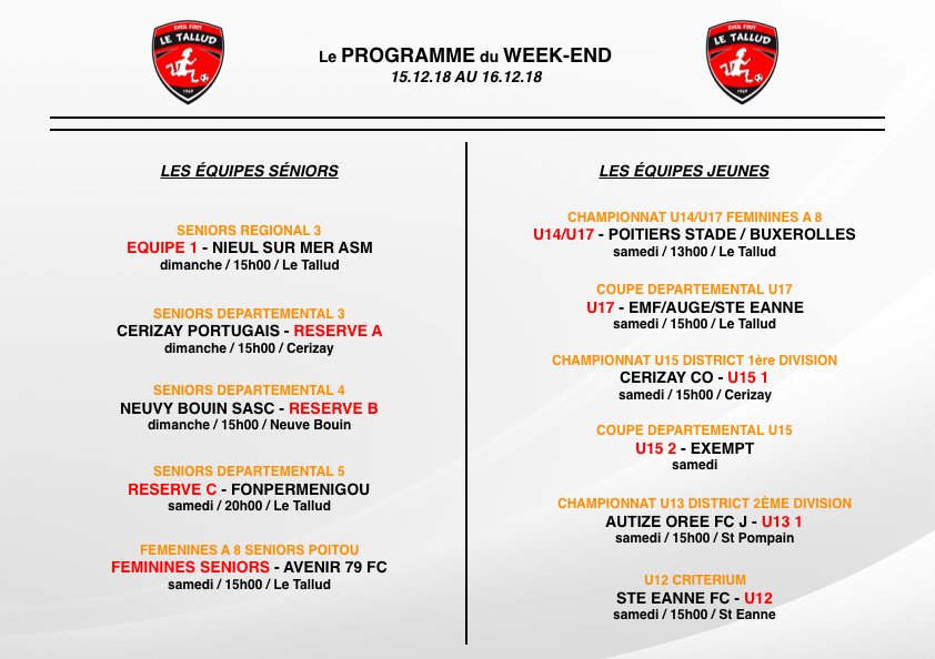 EveilT's tweet photo. Le programme du week-end ! Bon match à toutes et à tous ! Finissons en beauté cette année 2018 ! 🔴⚫️⚽️ https://t.co/yPCLa4Tk41