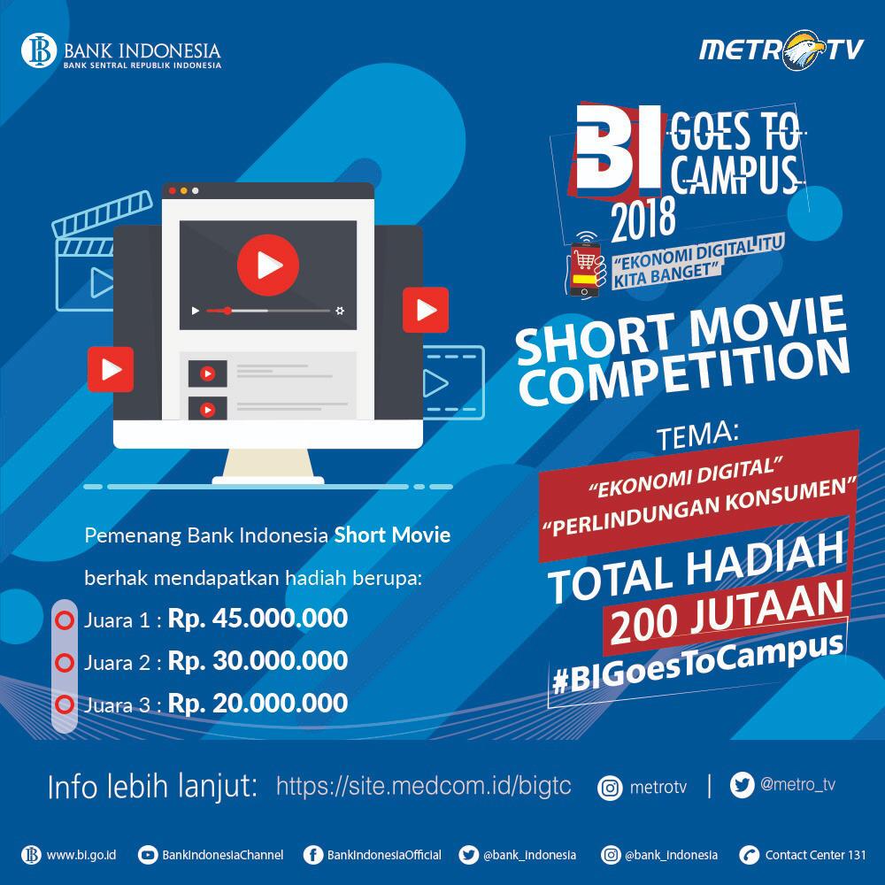 Metro_TV's tweet photo. Yuk, ikutan Video &amp; Blog Competition dgn total hadiah mencapai 200 juta rupiah! Ada dua tema, Ekonomi Digital #EcoDigi dan Perlindungan Konsumen #AmanBertransaksi. Untuk mekanisme Video &amp; Blog Competition, langsung cek di: https://t.co/uwi8bKTgw3 #BIGoesToCampus #BankIndonesia https://t.co/4r29L9pQNp