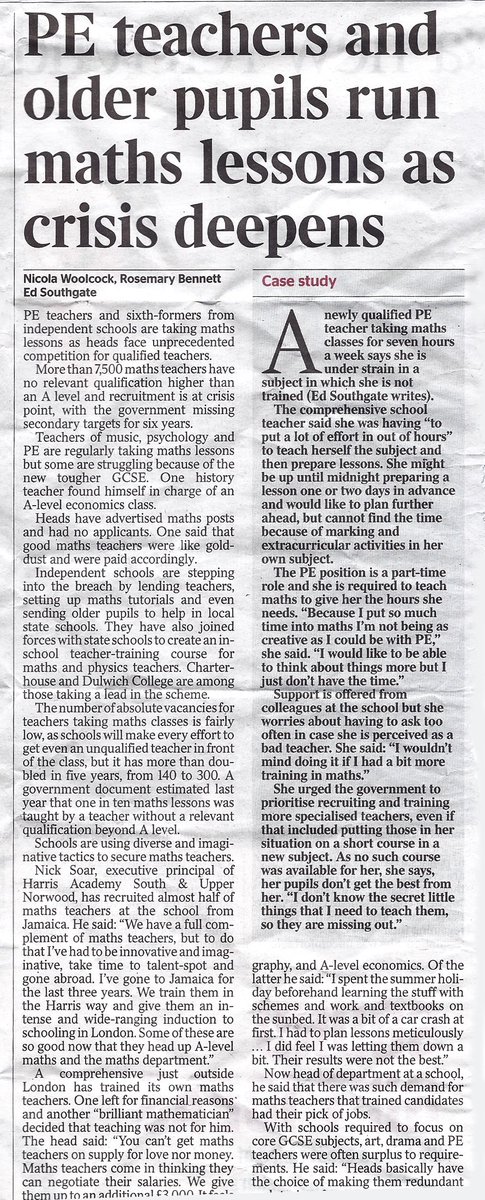eMathsMaster's tweet image. Excellent piece by @nicolawoolcock @RosieDBennett regarding the maths teacher shortage in Saturday's @thetimes. Over 90 UK schools now use our online teacher training as a solution. eMathsMaster retrains non-maths teachers to effectively deliver good maths lessons, and quickly.