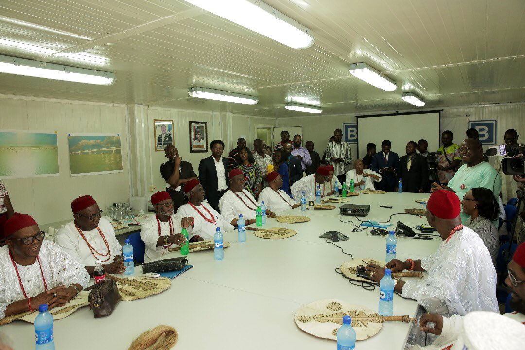 The Obi of Onitsha, His Majesty Nnaemeka Alfred Achebe, and his Council of Chiefs at the Second Niger Bridge Project Office and Site on Wednesday December 5, 2018. They were led on the tour by the MD/CEO of  @nsia_nigeria (funders of the project), Uche Orji, & a Julius Berger Team