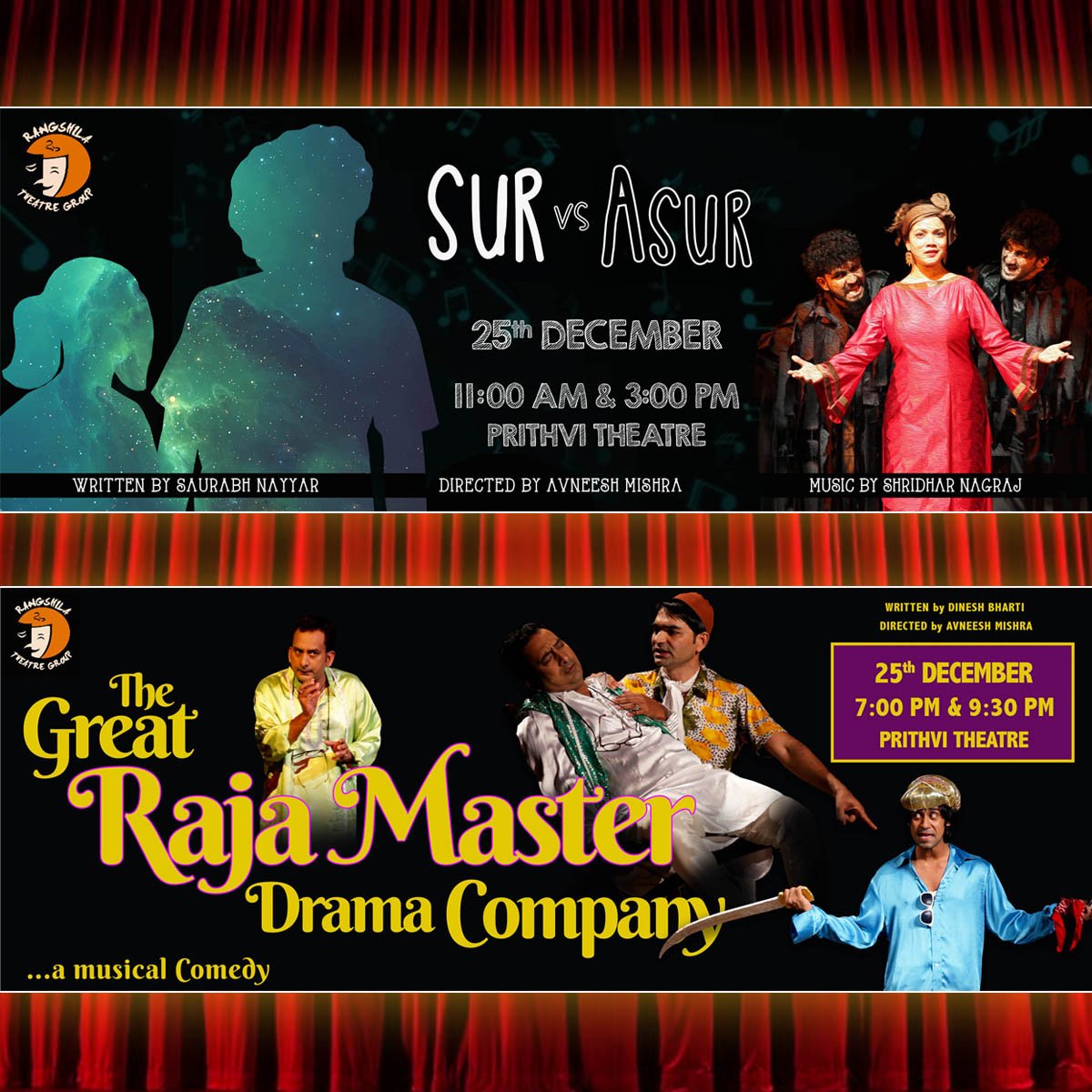 Rangshila Theatre (@rangshila) on Twitter photo <a href="/rangshila/">Rangshila Theatre</a> brings to you its upcoming shows
25th Dec <a href="/PrithviTheatre/">Prithvi Theatre</a>
Sur Vs Asur- 11 AM & 3 PM bit.ly/2Sy63vn
The Great Raja Master Drama Company - 7 PM & 9:30 PM bit.ly/2EkhBiS
Join us this Christmas Day for fun, drama, comedy and loads of music. <a href="/rangshila/">Rangshila Theatre</a> brings to you its upcoming shows
25th Dec <a href="/PrithviTheatre/">Prithvi Theatre</a>
Sur Vs Asur- 11 AM & 3 PM bit.ly/2Sy63vn
The Great Raja Master Drama Company - 7 PM & 9:30 PM bit.ly/2EkhBiS
Join us this Christmas Day for fun, drama, comedy and loads of music.