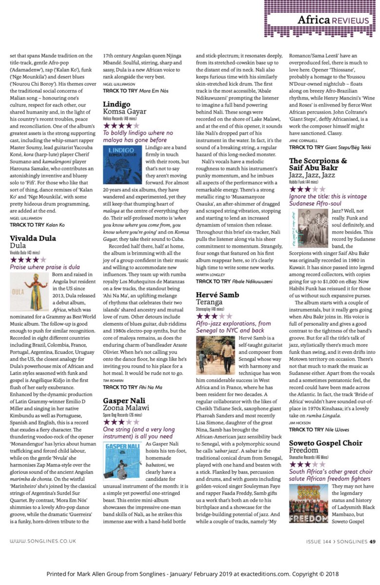 Grateful to @SonglinesMag & Nigel W. for review DULA for Dec/Jan 2019 issue. “The closest analogy for DULA’s powerhouse mix of Africa and latin styles is Angelique Kidjo in the first flush of her earlier exuberance. ...Dula is a new african voice to rank alongside the very best.”