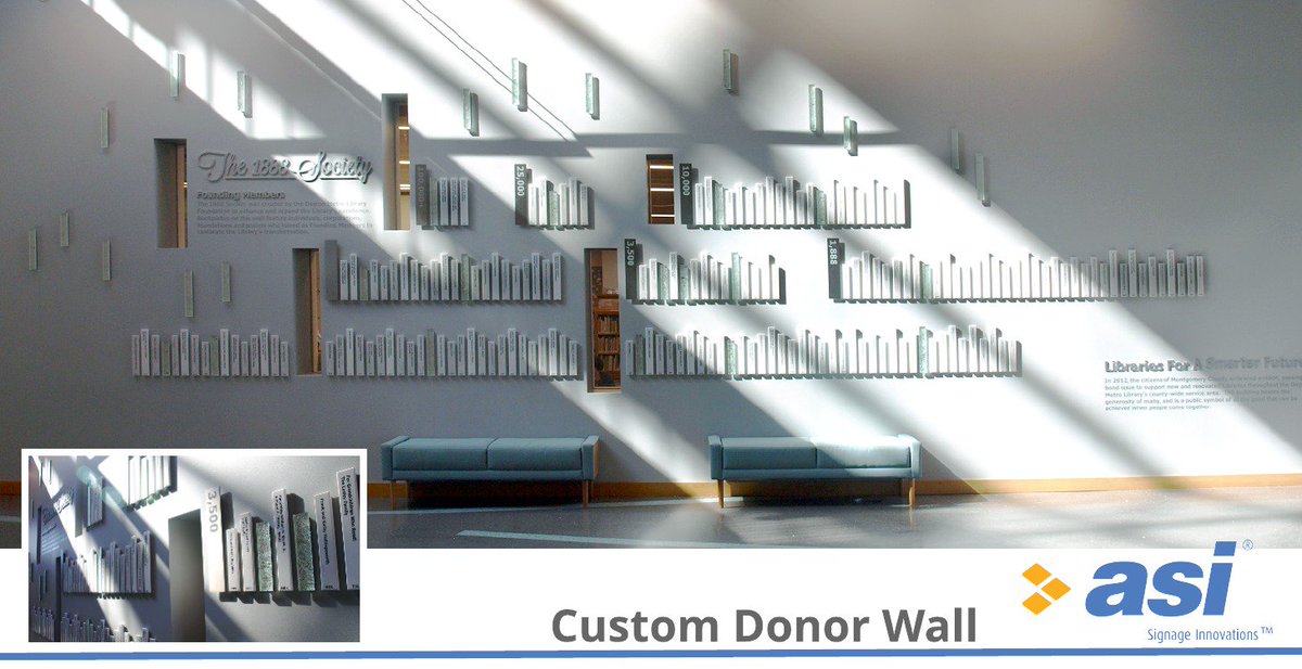 ASIsignageMN's tweet image. Donor Inspiration Series: We love the design of this Custom Donor Wall for library donors. This wall was designed as an artistic, contemporary bookshelf, with donor names as the title of a book, each with their own call number. #donorwall #donorrecognition #librarysignage