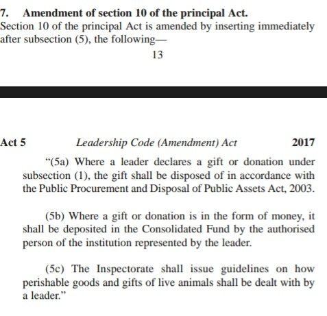 andrewbagala's tweet image. The donation to Mr Sam Kutesa reminds me of Afande @AKasingye, who was voted the best police officer of that year by viewers of WBS TV.
He was given a TV set as a gift and declared it to the authorities, who took it for good.
Leadership Code (Amendment) Act, 2017 on donations👇.