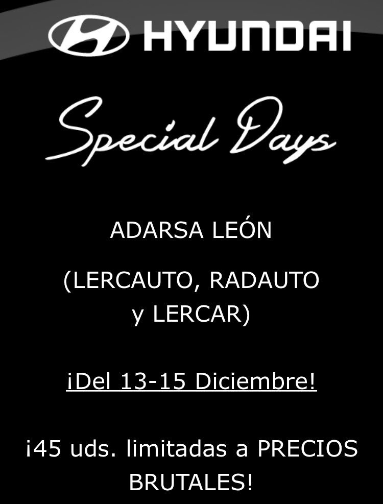 ¿Ya has pedido tu cita?
Los Special Days han llegado a <a href="/Hyundai_Leon/">Hyundai León</a> 
Estrena coche estas navidades a un precio increíble. Tenemos lo q necesitas. Pide tu cita y ven a vernos estos días, te esperamos!!

specialdays.es/AdarsaLeon

#Hyundai #Leonesp #Tucson #i30 #i10
