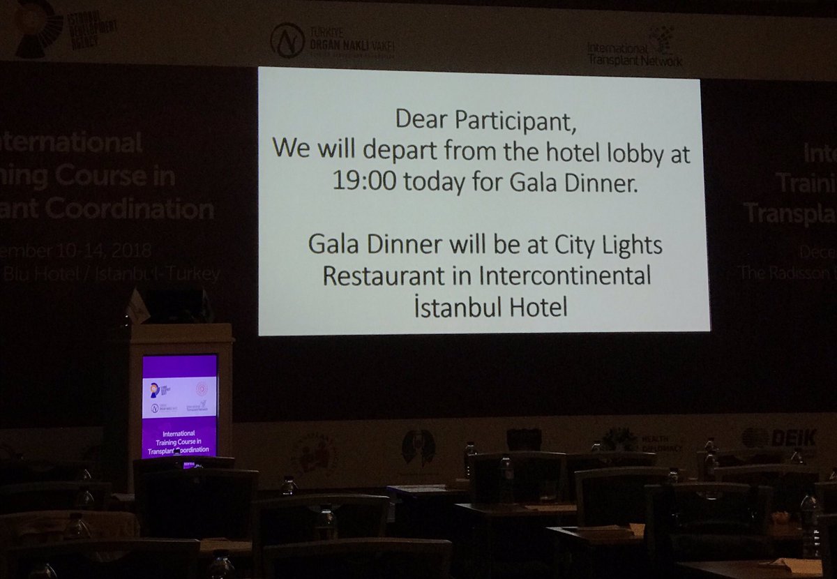 ITN_TR's tweet photo. Dear participants of #ITN International Training Course in Transplant Coordination; attention please: We will depart from the hotel lobby at 19.00 pm for Gala Dinner. #coordinationcourse https://t.co/if3XadK8qJ
