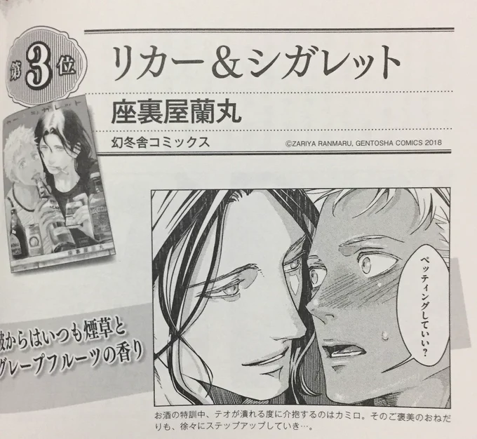 (ご報告&amp;御礼)「このBLがやばい!2019年度版」のコミックス部門で「リカー&amp;シガレット」が3位に、攻め部門でカミロが1位に、受け部門でテオが4位にランクインしておりました。ご投票下さった皆様どうもありがとうございました! 