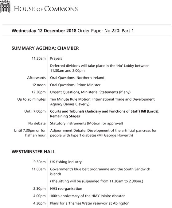 House of Commons Order Paper - 12 December 2018