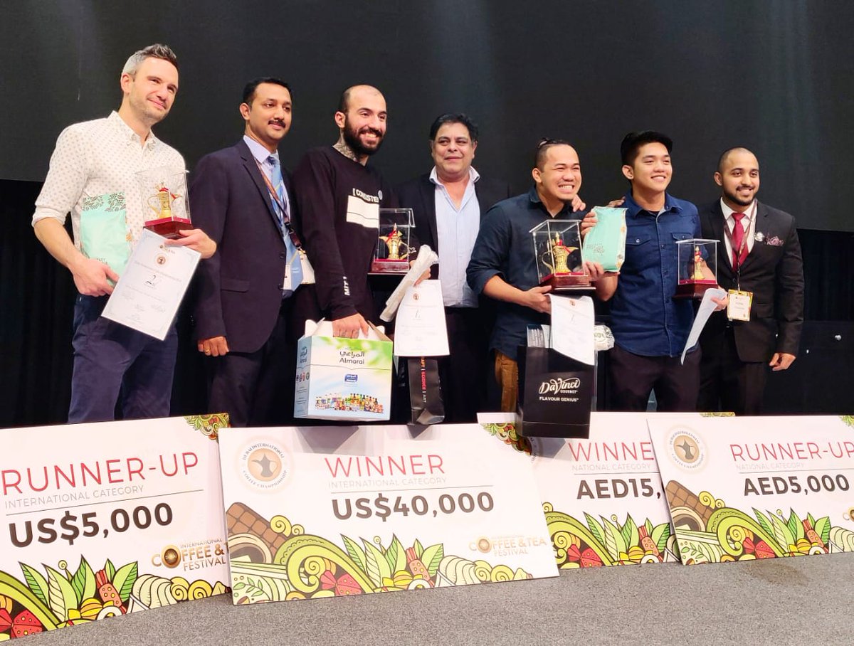 ICTFDubai's tweet photo. Congratulations to the winners of #DubaiInternationalCoffeeChampionship! 🏆🎉 We also thank all the exhibitors, sponsors, participants and visitors of #DICTF2018.

#StayTuned with us for more interesting updates.
.
.
.
#Dubai #UAE #Dubai_ICTF #DICTF18 https://t.co/yoshufxB16