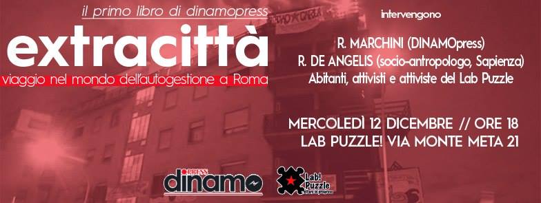 Oggi presentiamo il nostro primo  libro "Extracittà. Viaggio nel mondo dell'autogestione a Roma" in uno degli spazi protagonisti del racconto <a href="/Puzzle_lab/">Lab! Puzzle</a>, ci vediamo alle 18 con le storie degli spazi sociali di ieri ed oggi tra Montesacro e Tufello!
facebook.com/events/3173377…
