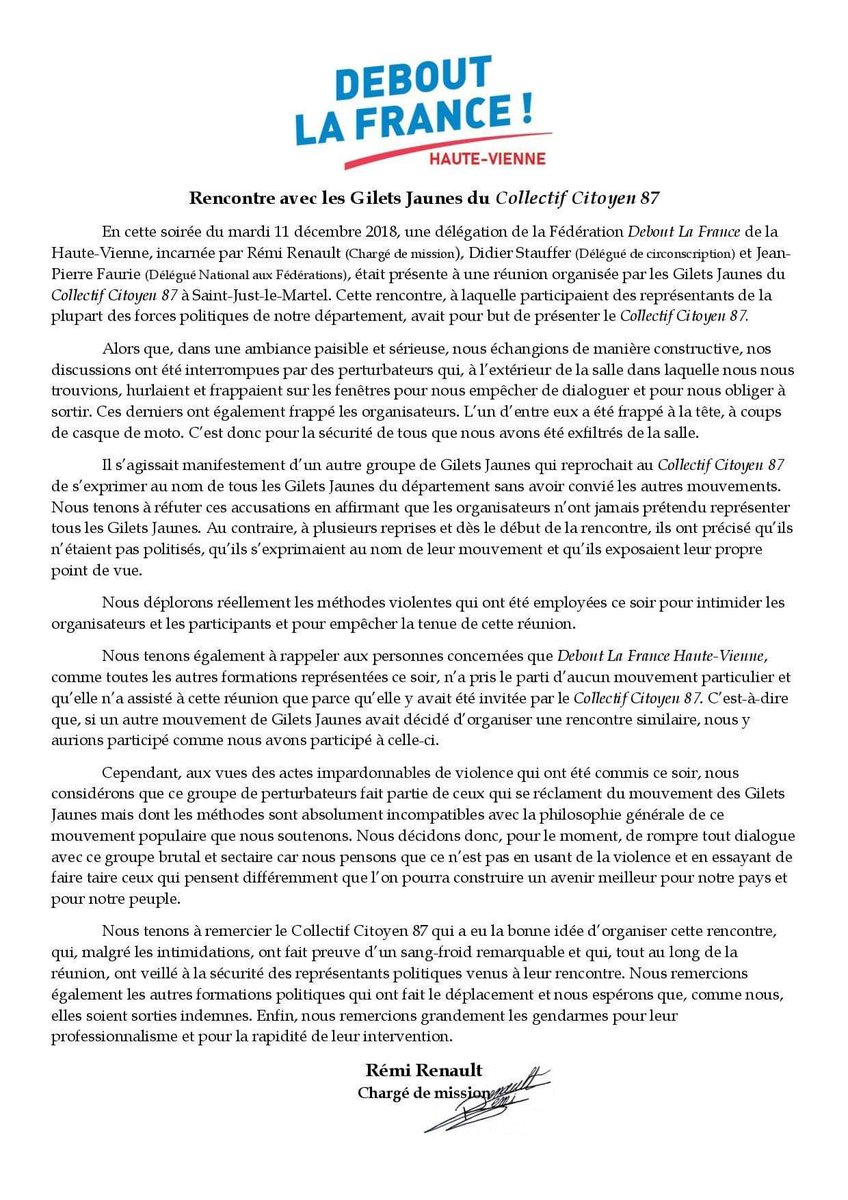 DLFHtVienne's tweet photo. #GiletsJaunes : Réaction de #DLF87 aux événements survenus hier soir, lors d'une rencontre organisée par les Gilets Jaunes du Collectif Citoyen 87.
#hautevienne #StopViolences #Limoges #mobilisation https://t.co/WDCJJqll2V