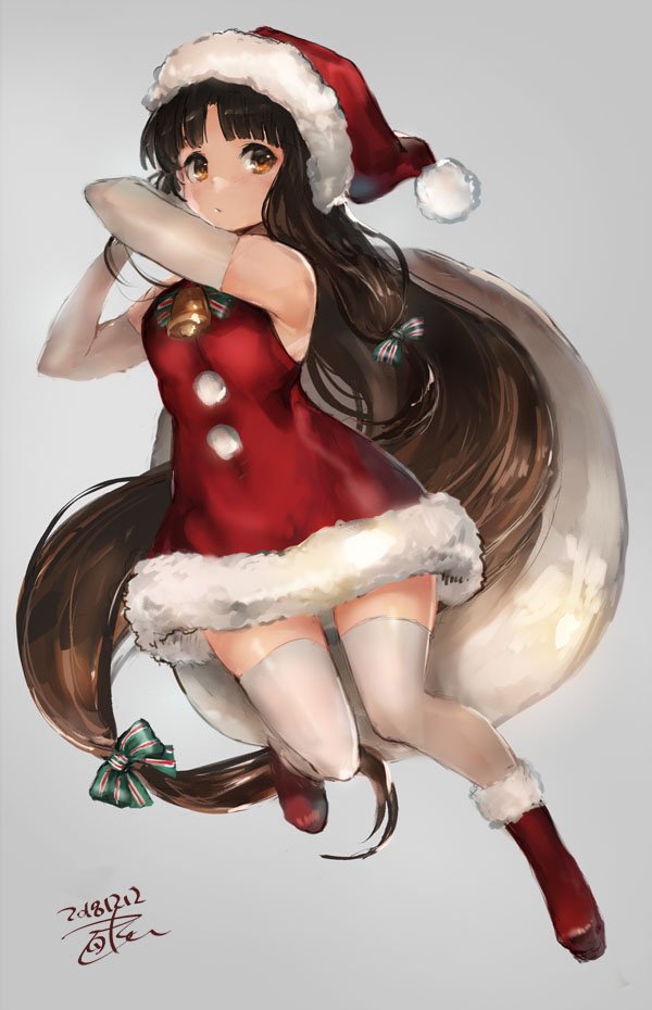 shouhou (kancolle) 1girl long hair solo thighhighs hat santa hat low-tied long hair  illustration images