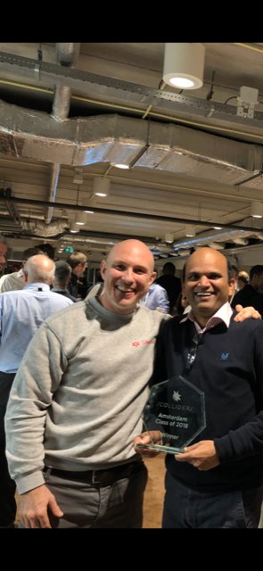 churnly's tweet photo. We're thrilled to have won Demo Day at #ColliderAmsterdam Here's our founder and product lead with the trophy 🏆 @Collider https://t.co/lZ7jPTdGjH