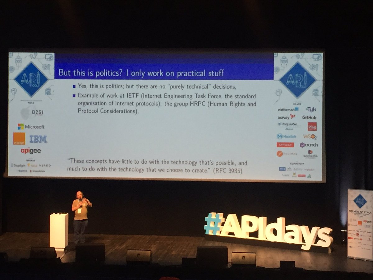 isabelreu's tweet image. @bortzmeyer @ #APIdaysParis : « Human rights are universal, like the #internet. »
#ProgrammableSociety